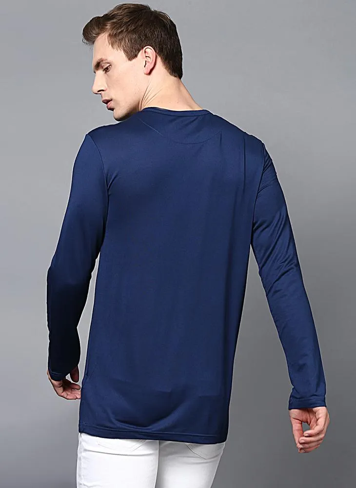 Dark Blue Full Sleeve Henley Collar T-Shirt