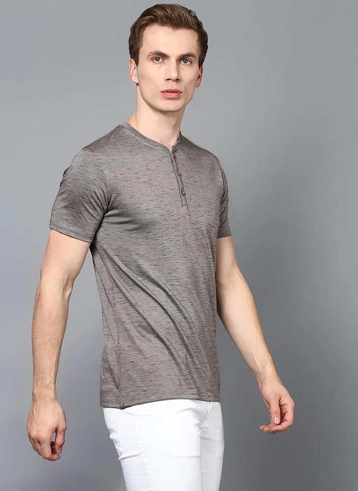 Dashed Grey Half Sleeve Henley Collar T-Shirt