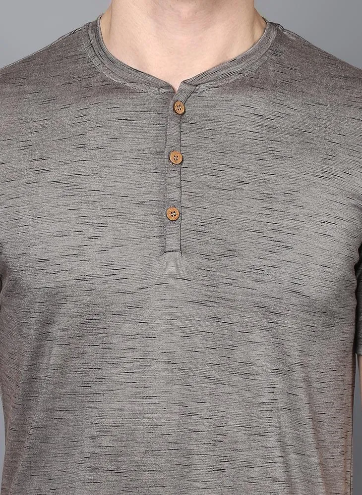 Dashed Grey Half Sleeve Henley Collar T-Shirt