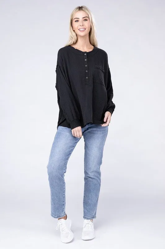 Double Gauze Oversized 3/4 Button Henley Neck Top