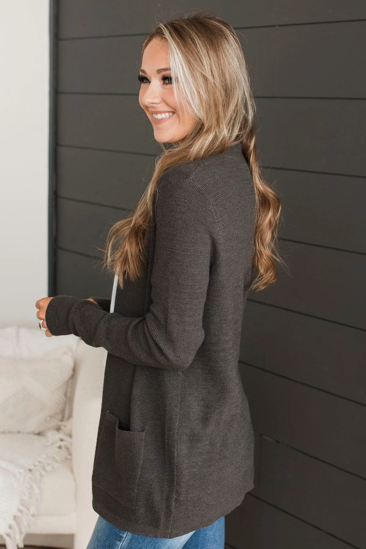 Feeling Blissful Waffle Knit Cardigan- Charcoal