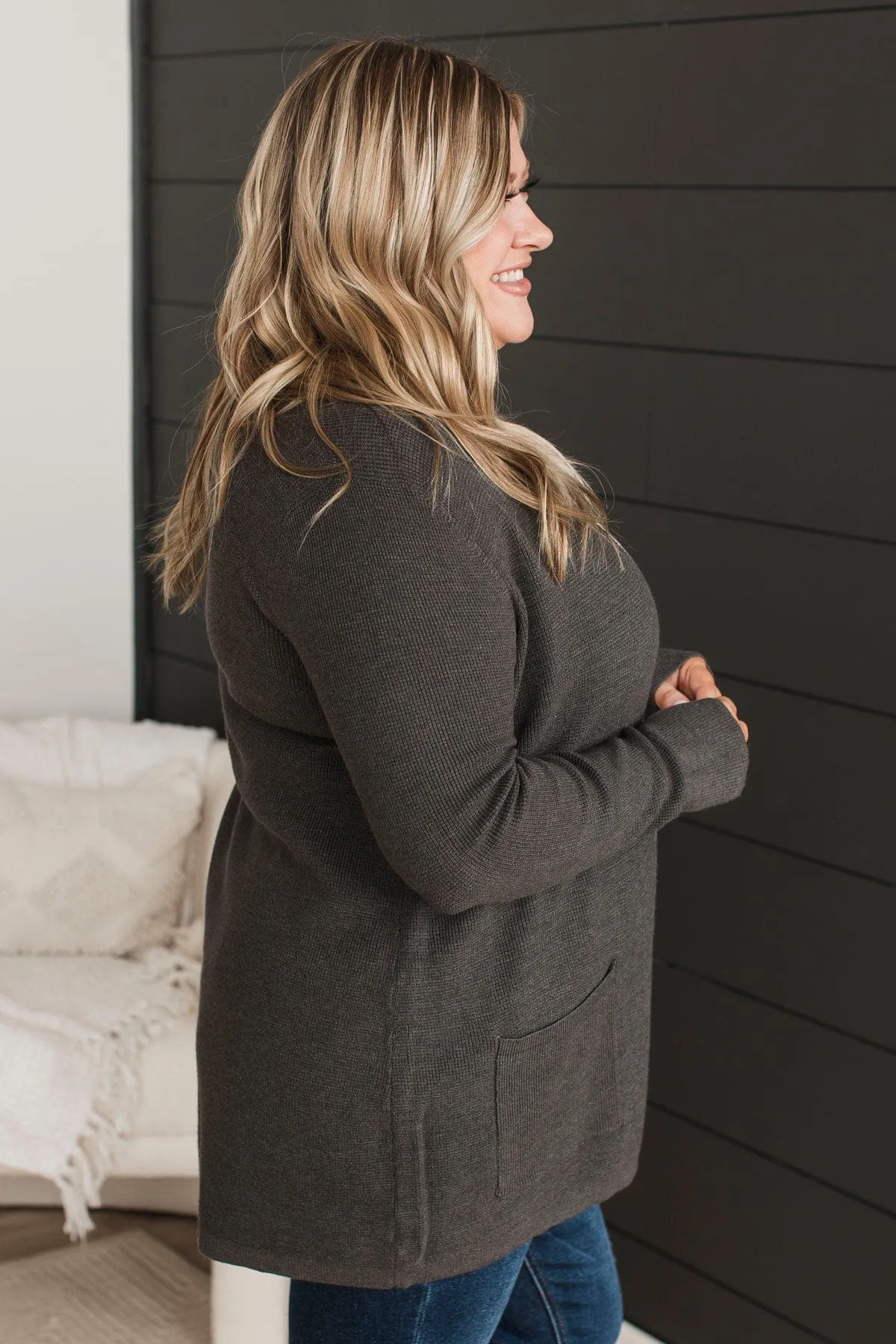 Feeling Blissful Waffle Knit Cardigan- Charcoal