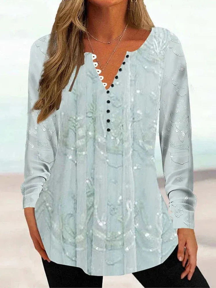 Floral Print Long Sleeve Henley Blouse for Women