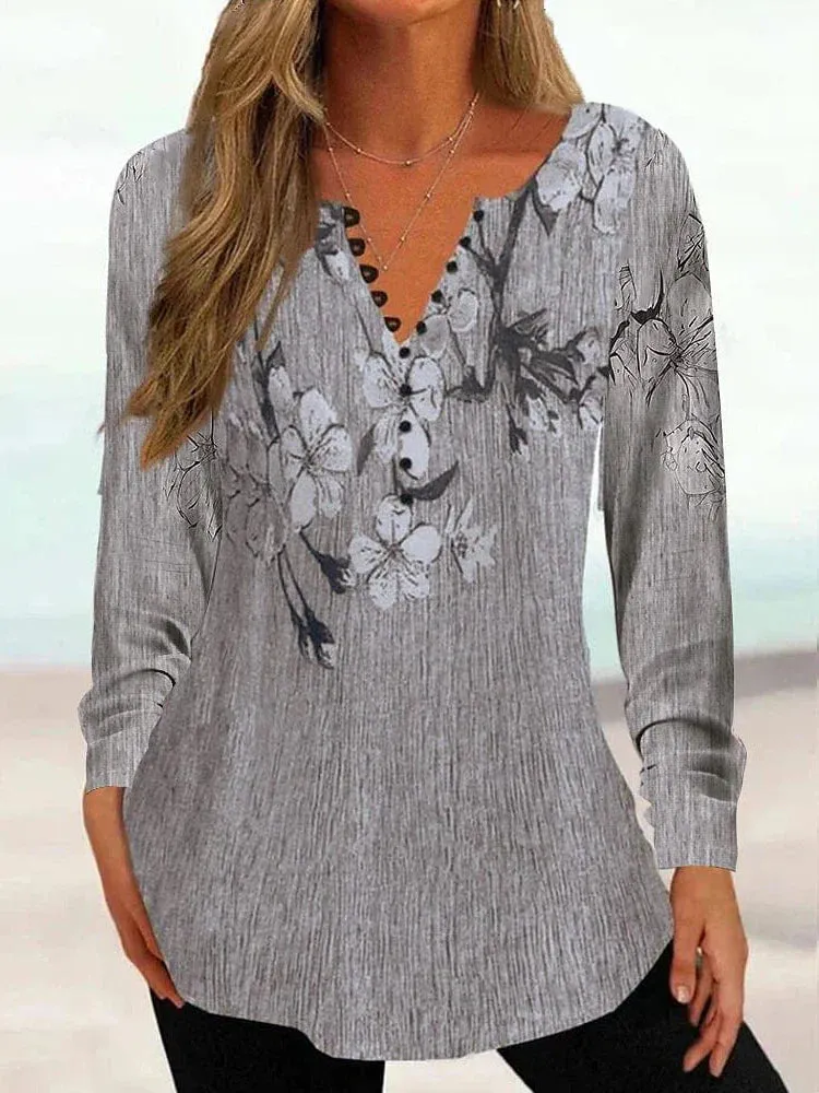 Floral Print Long Sleeve Henley Blouse for Women