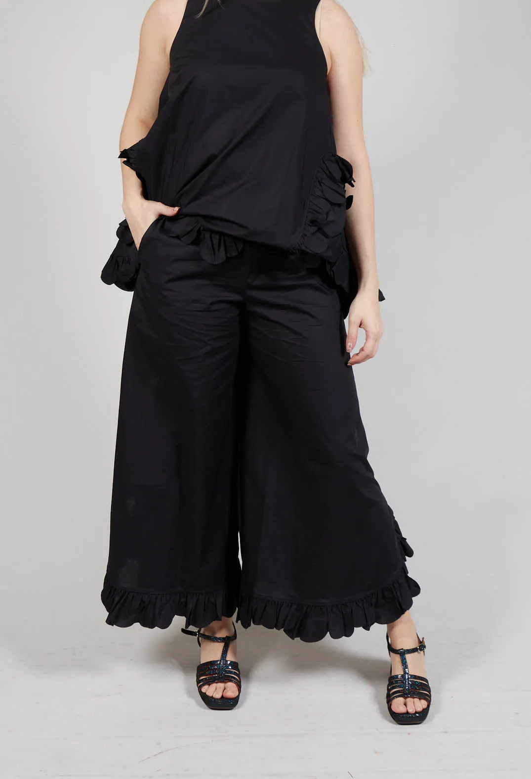 Frill Wide Leg Trousers in Black