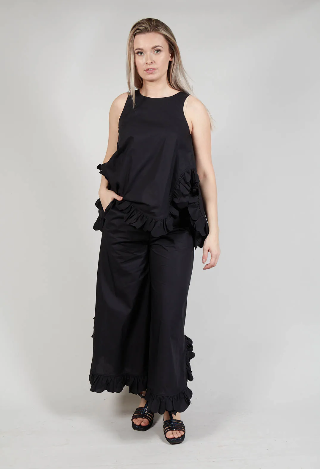 Frill Wide Leg Trousers in Black