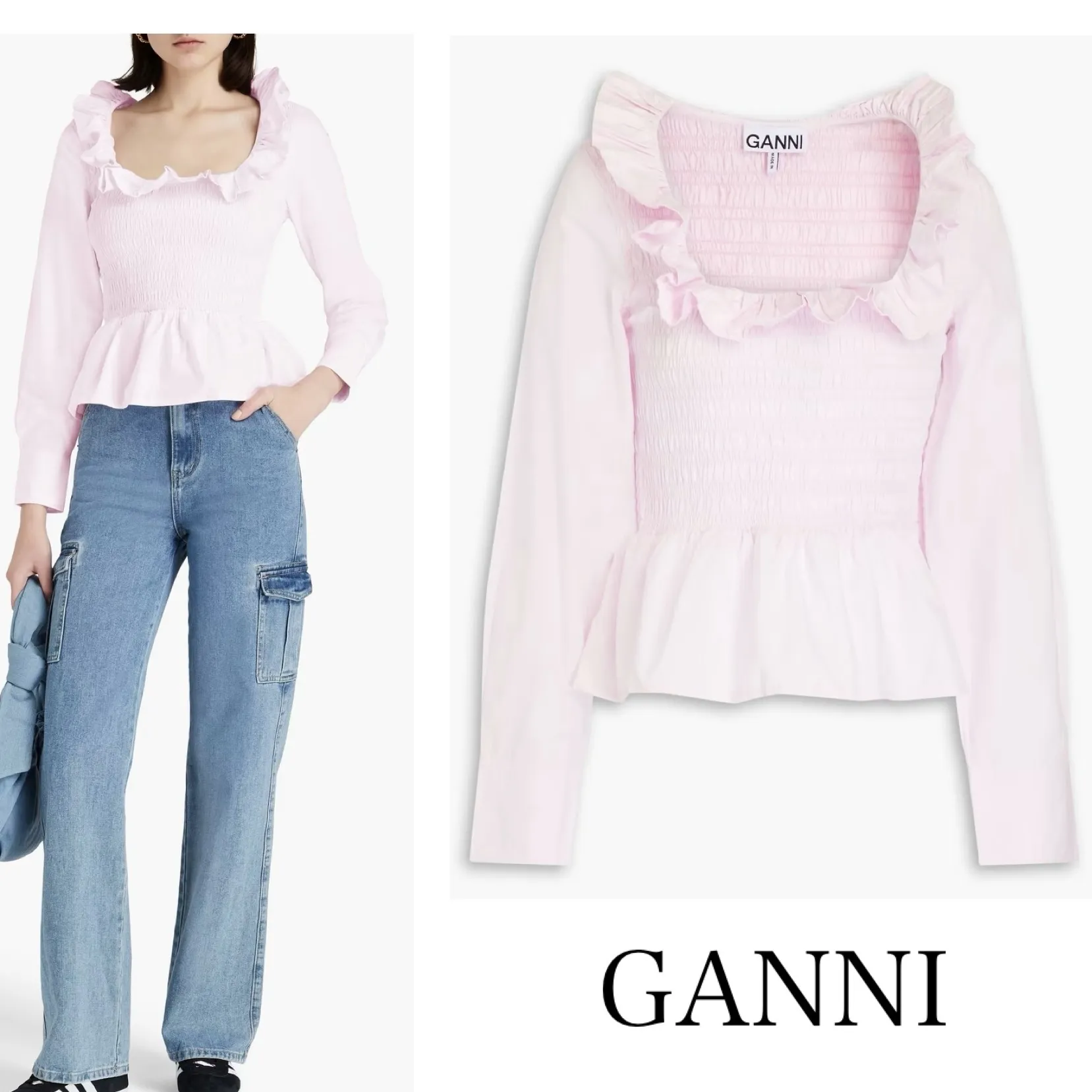 Ganni  |Long Sleeves Plain Cotton Shirts & Blouses