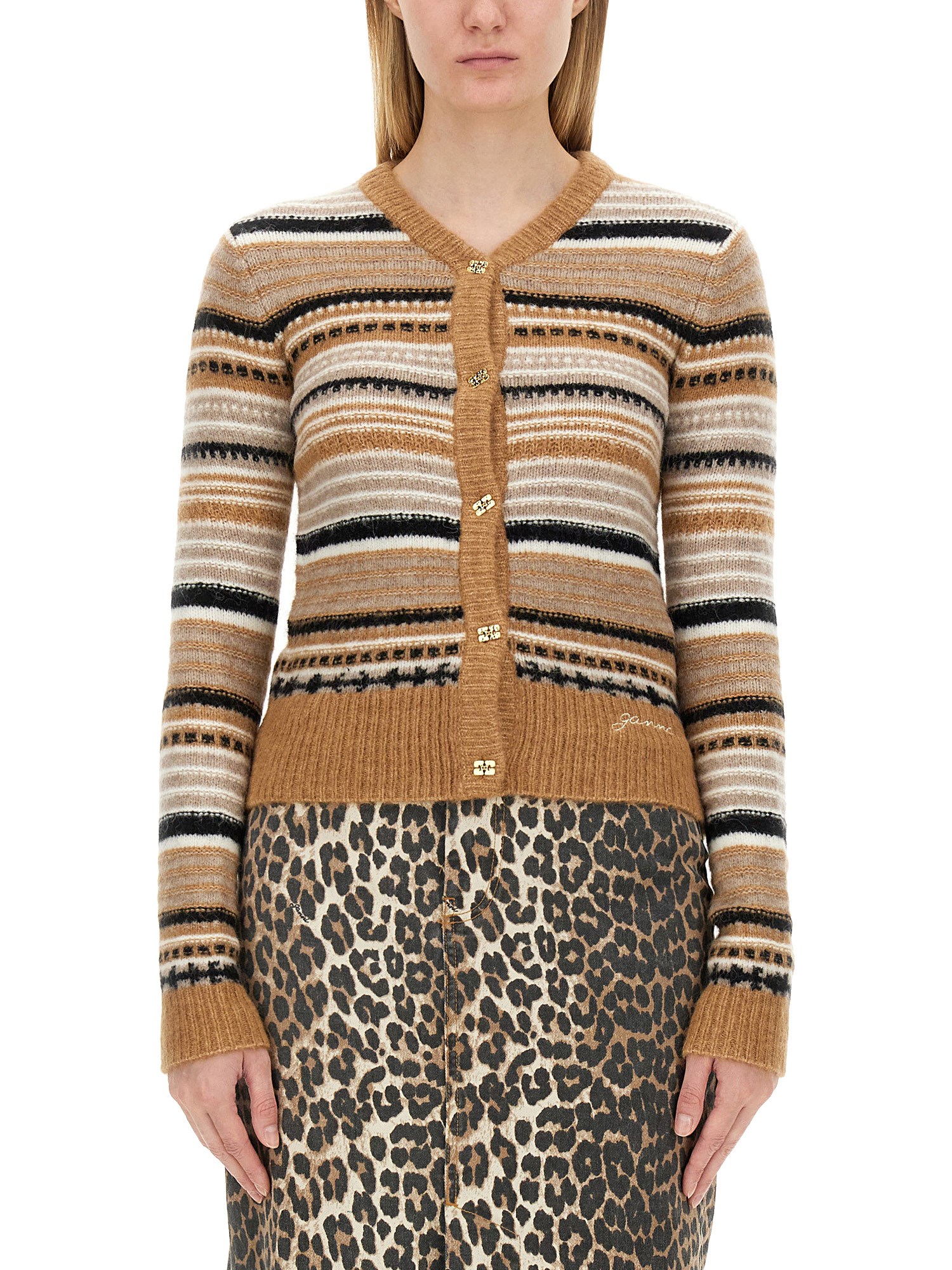 GANNI    WOOL CARDIGAN WITH STRIPE PATTERN