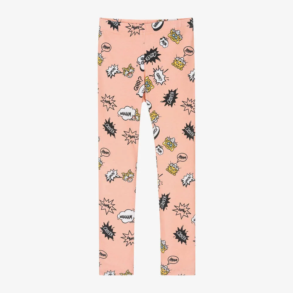 Girls Pink Graphic Cotton Leggings