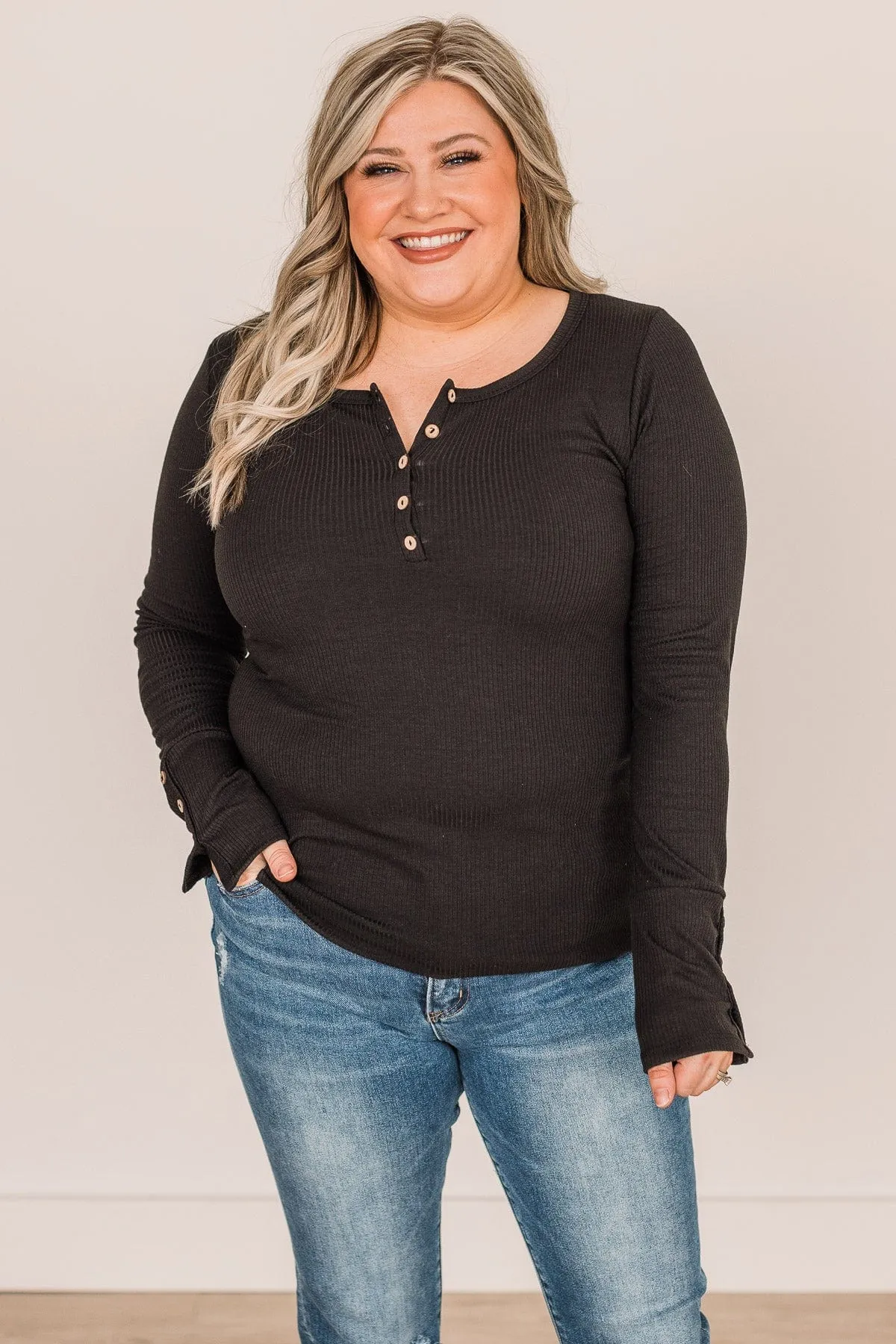 Give Your Best Long Sleeve Henley Top- Black