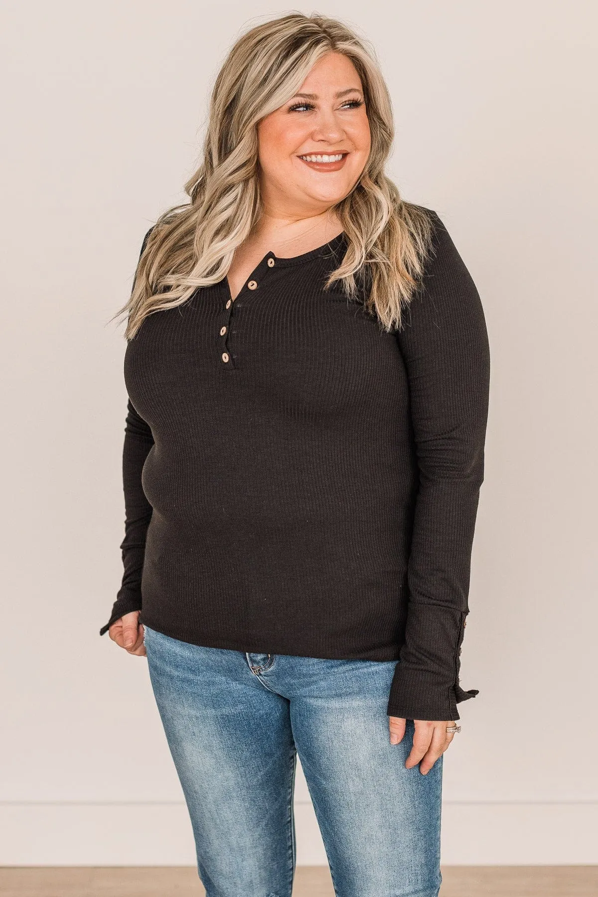 Give Your Best Long Sleeve Henley Top- Black