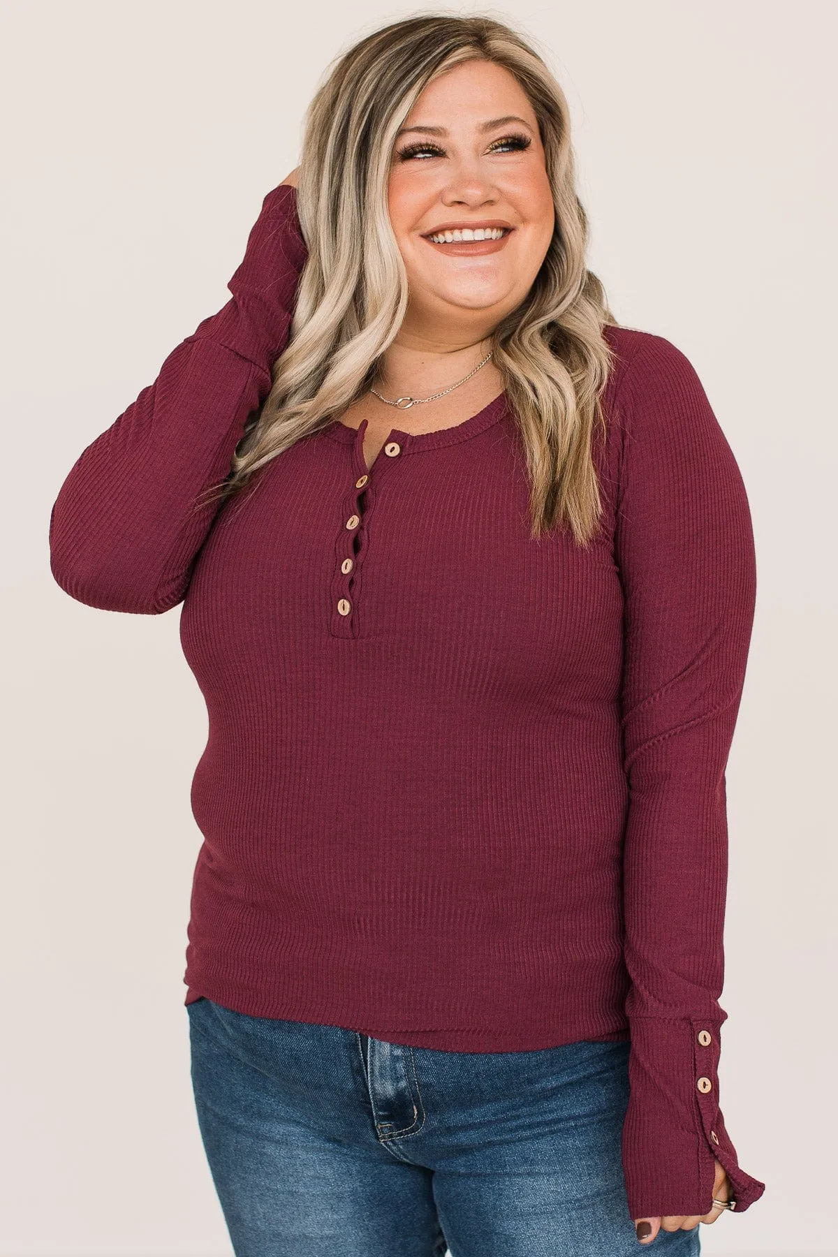 Give Your Best Long Sleeve Henley Top- Burgundy