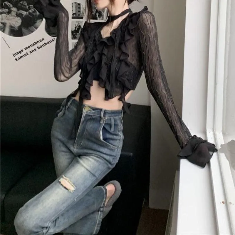 Gothic Lace Crop Top Transparent Cardigan