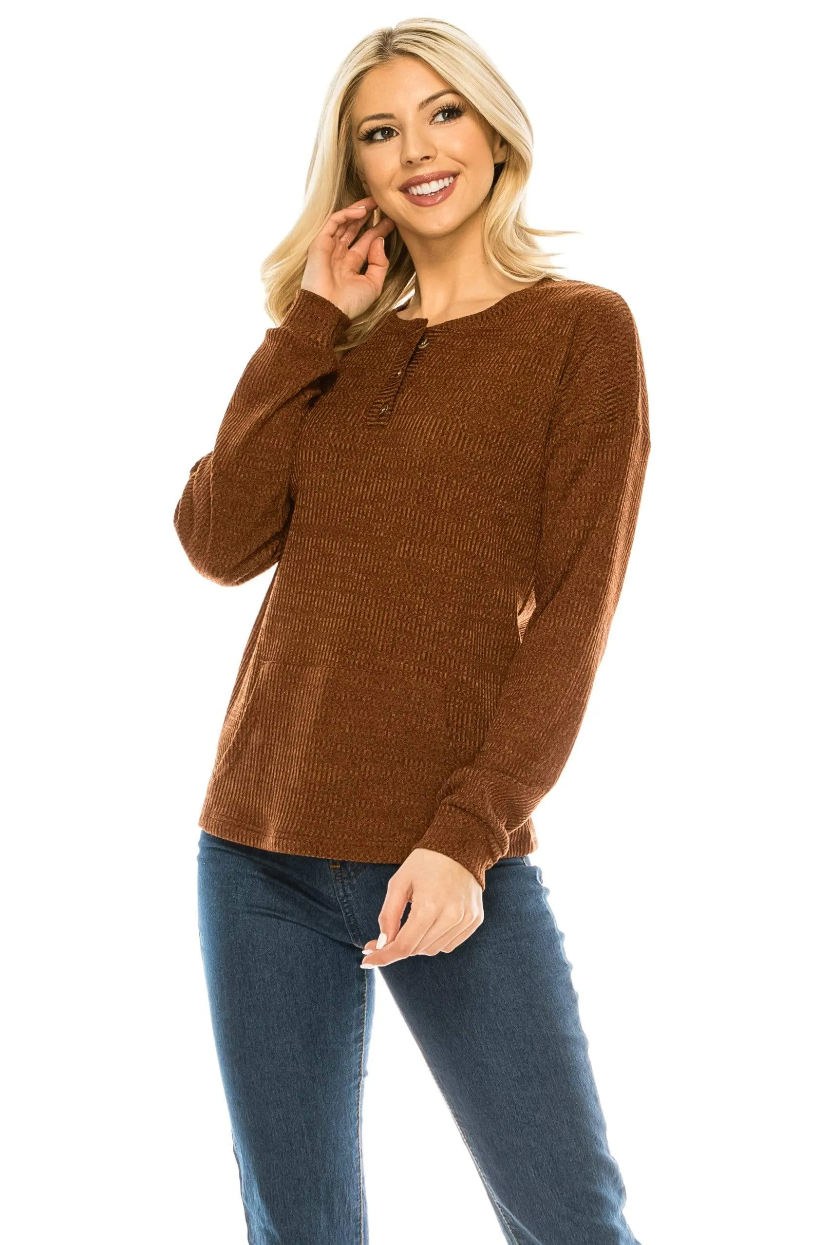 Haute Edition Women's Rib Kit Henley Top with Front Pocket