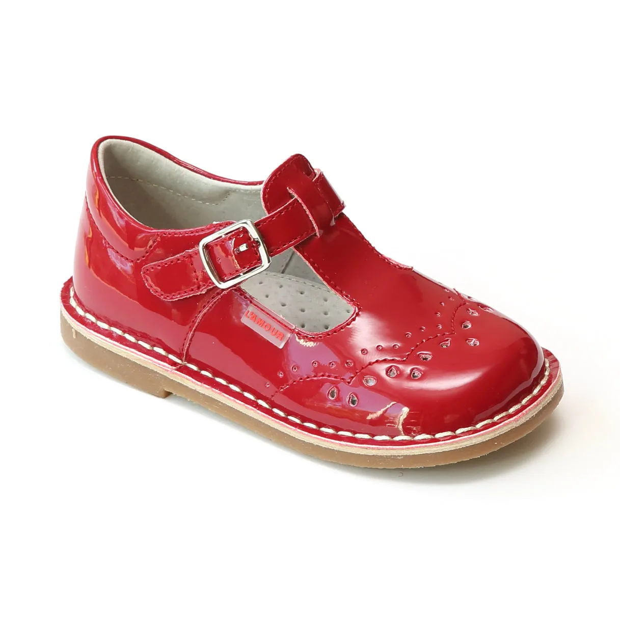 L'Amour Girls T-Strap Stitch Down Teardrop Mary Janes