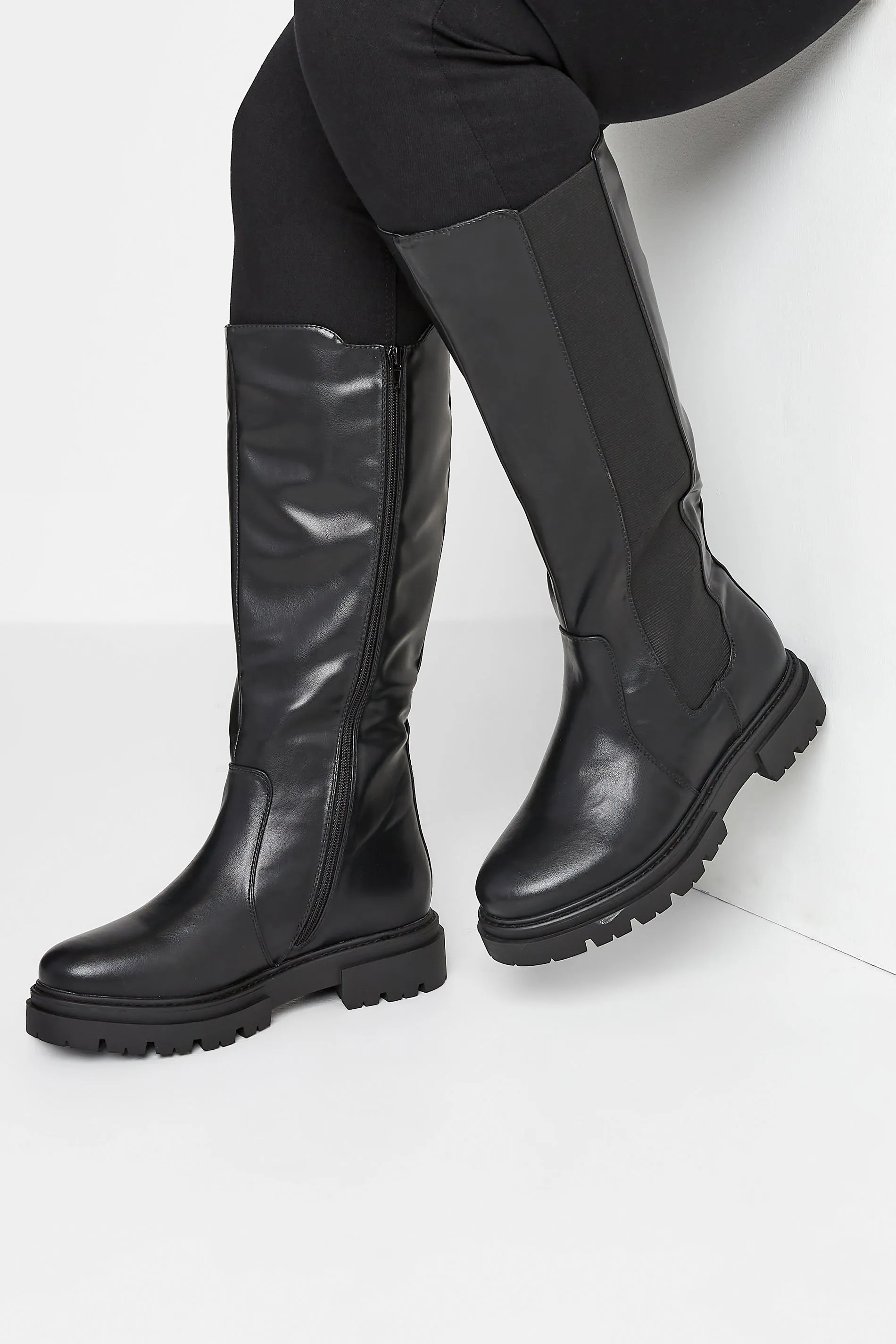 LIMITED COLLECTION Black Elasticated Knee High Cleated Boots In Wide E Fit & Extra Wide EEE Fit