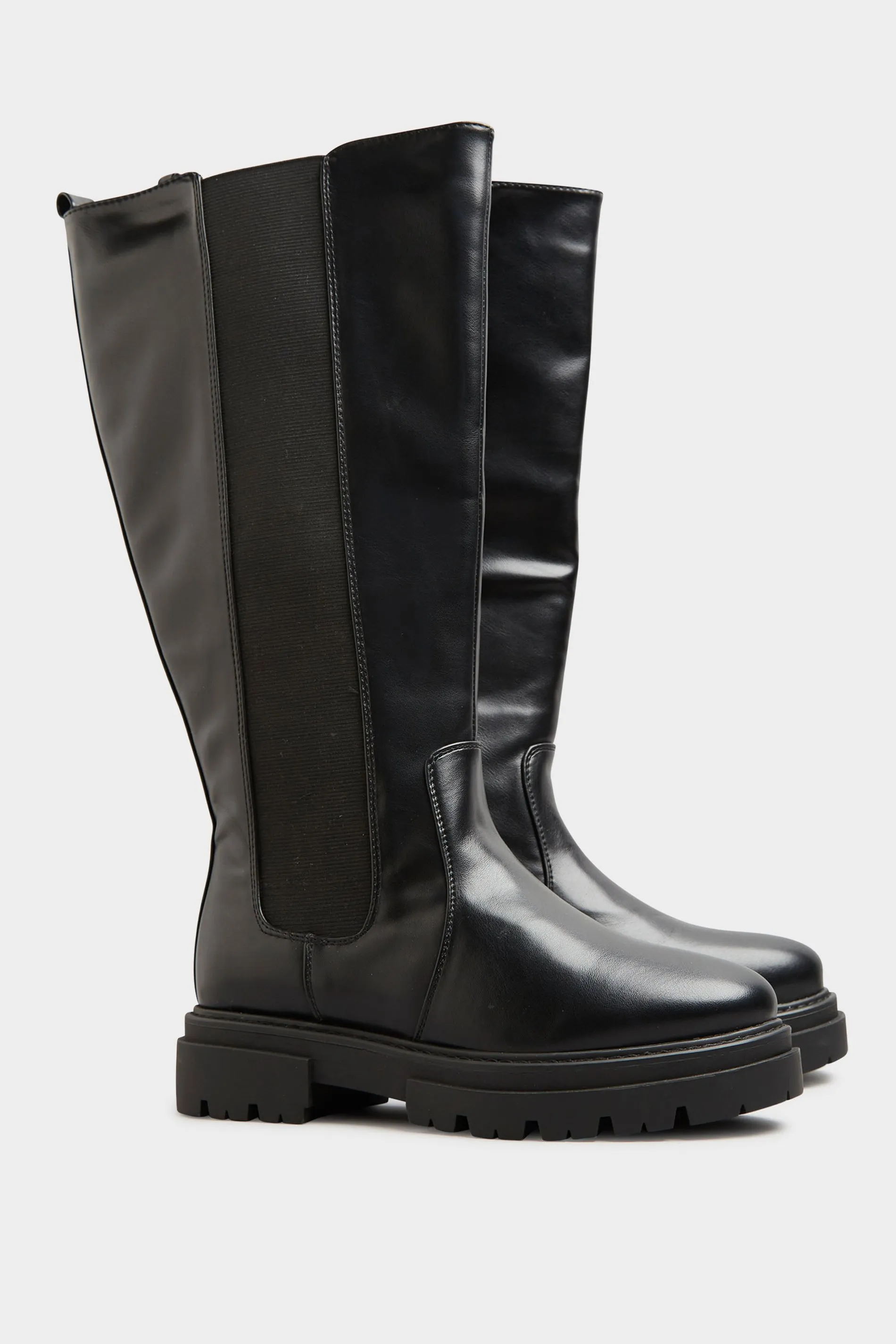 LIMITED COLLECTION Black Elasticated Knee High Cleated Boots In Wide E Fit & Extra Wide EEE Fit