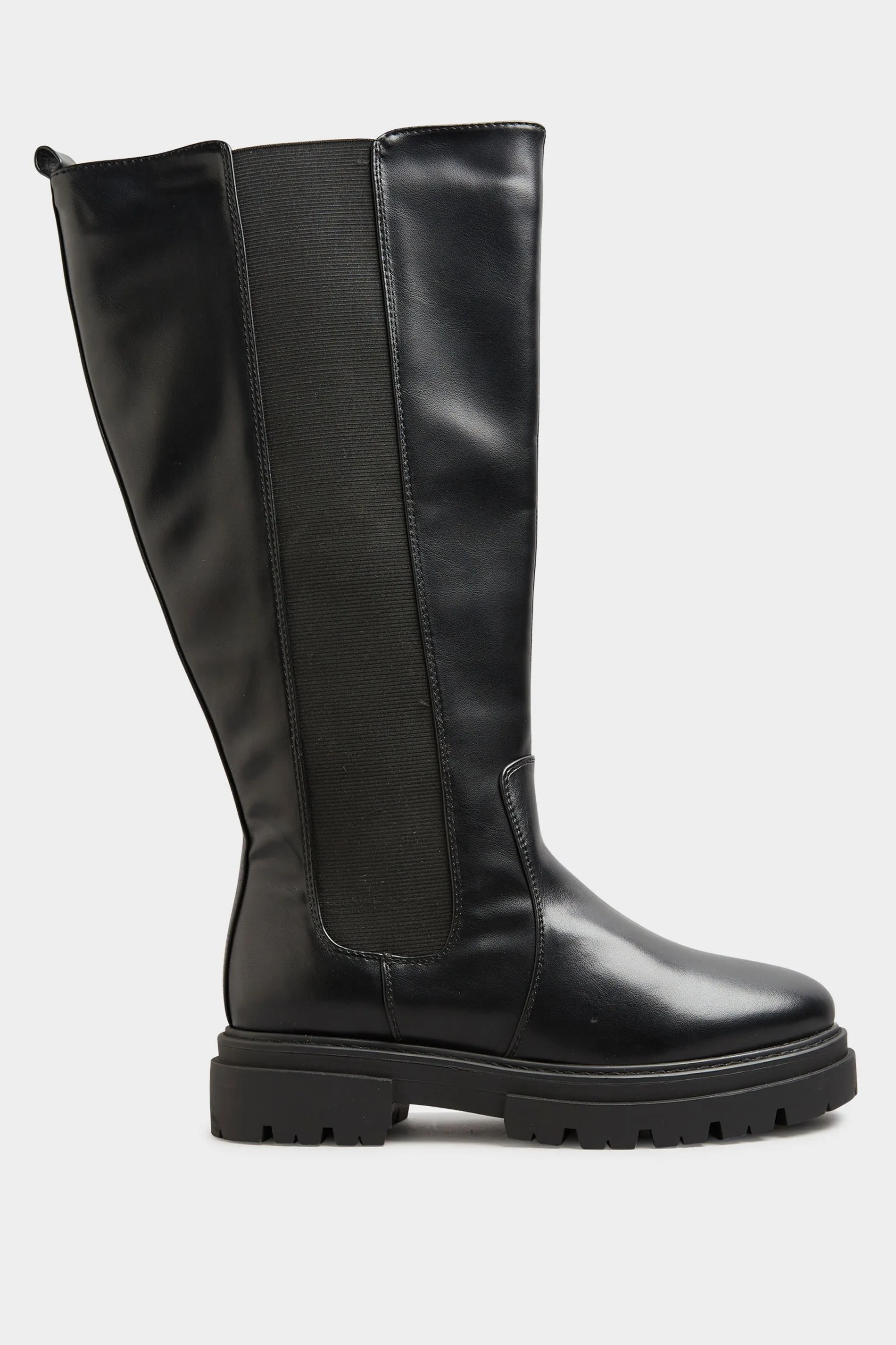 LIMITED COLLECTION Black Elasticated Knee High Cleated Boots In Wide E Fit & Extra Wide EEE Fit