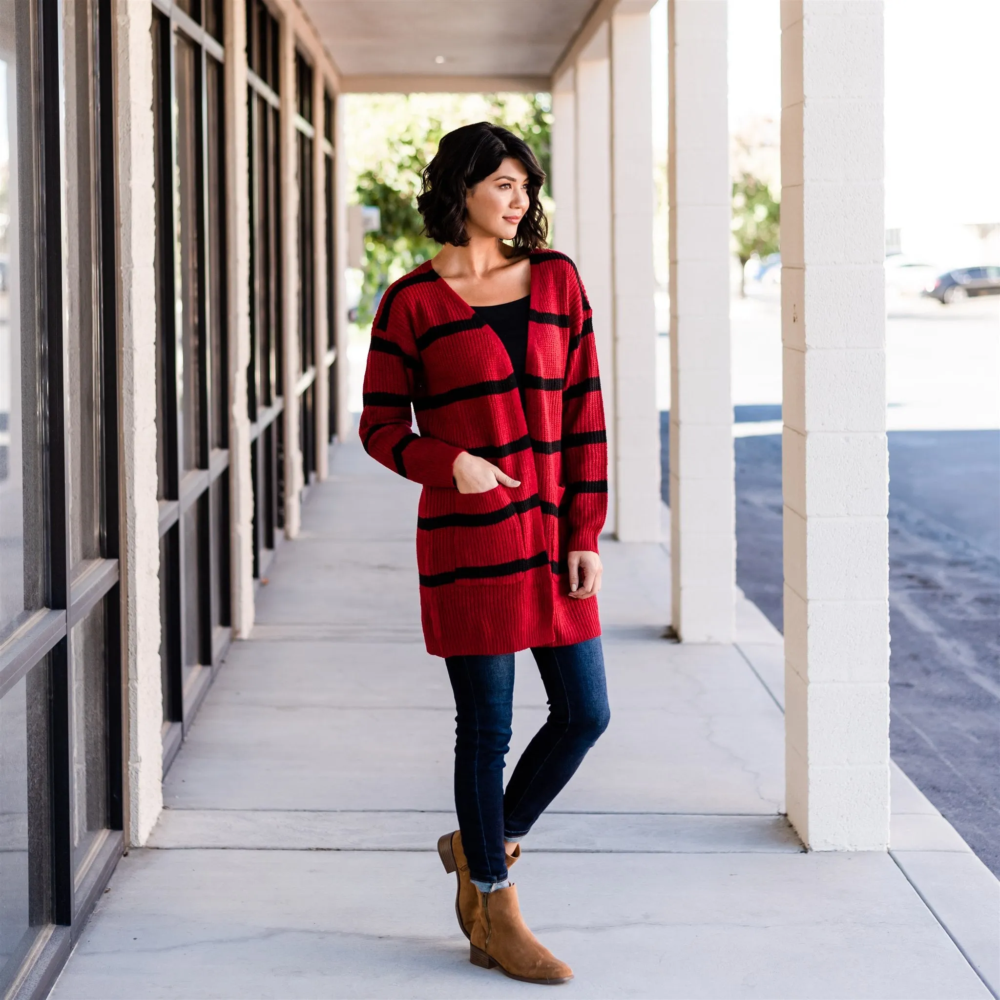 Long Cozy Striped Cardigan: Cranberry/Black