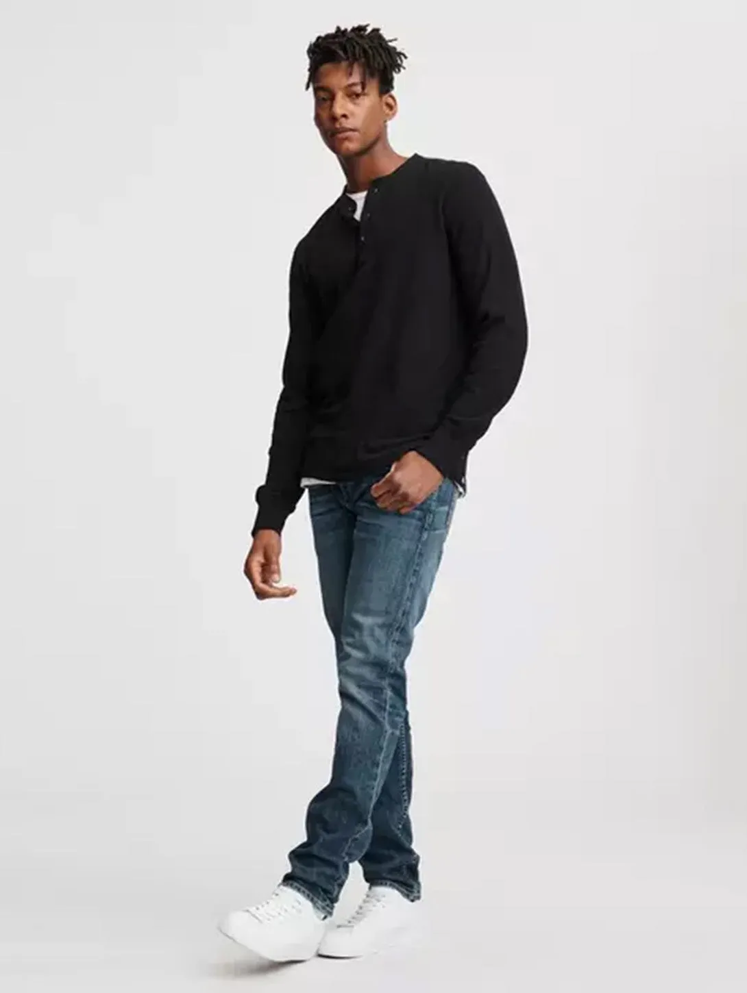 Long Sleeve Classic Henley Top - Jet Black