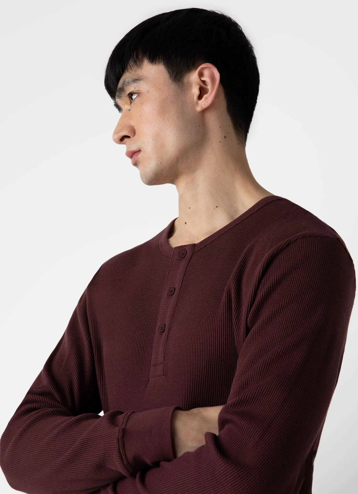 Men's Long Sleeve Waffle Henley in Maroon