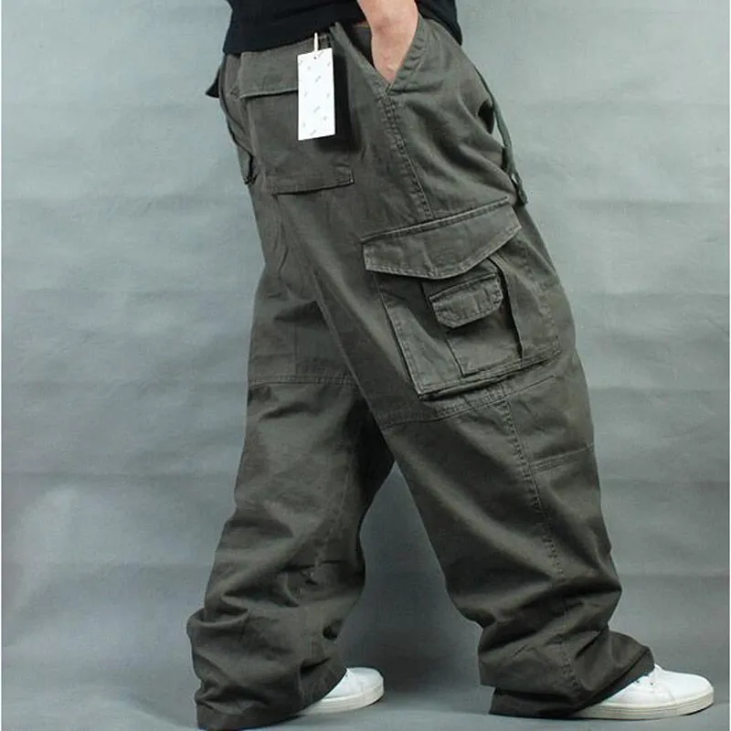 Men's Loose Mid Waist Full Length Fat Trouser Causal Long Cargo Pants