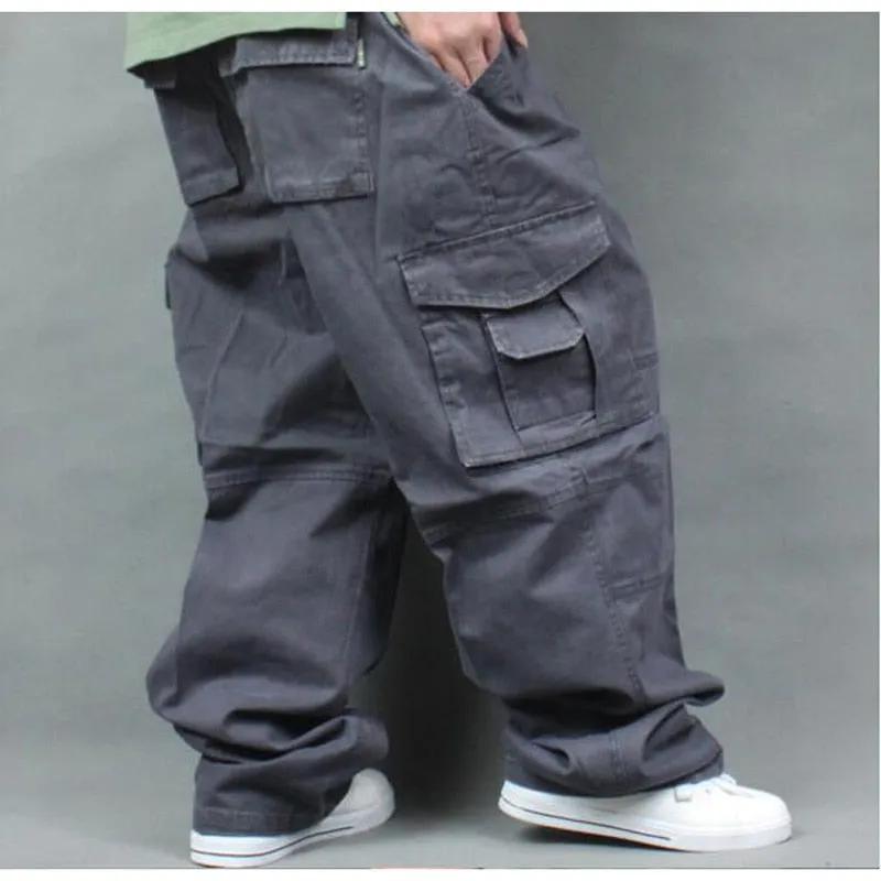 Men's Loose Mid Waist Full Length Fat Trouser Causal Long Cargo Pants