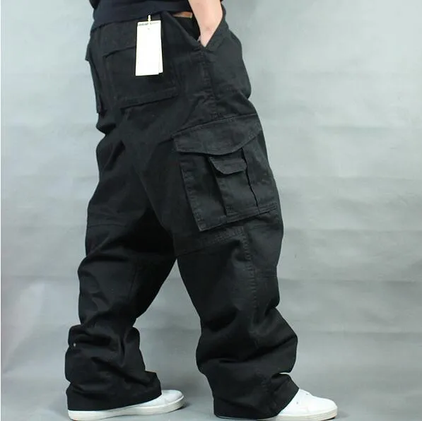 Men's Loose Mid Waist Full Length Fat Trouser Causal Long Cargo Pants