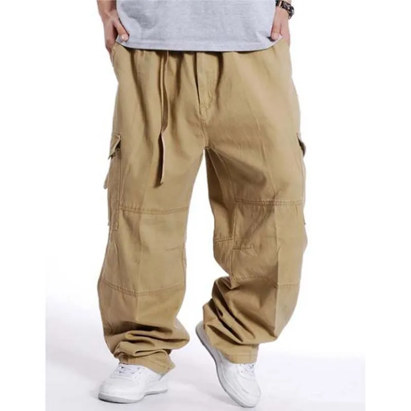 Men's Loose Mid Waist Full Length Fat Trouser Causal Long Cargo Pants