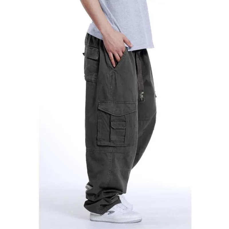 Men's Loose Mid Waist Full Length Fat Trouser Causal Long Cargo Pants