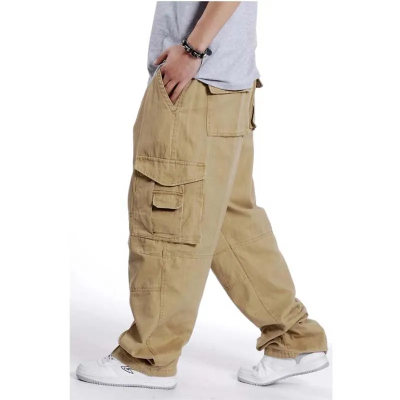 Men's Loose Mid Waist Full Length Fat Trouser Causal Long Cargo Pants