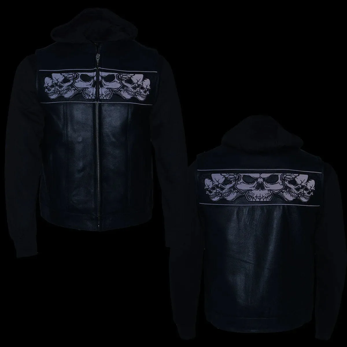 Milwaukee Leather 2 in 1 Removable Hoodie Biker Vest With Reflective Skulls