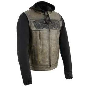 Milwaukee Leather Club Style Distress Brown Leather Vest w/ Reflective Skulls & Removable Hoodie