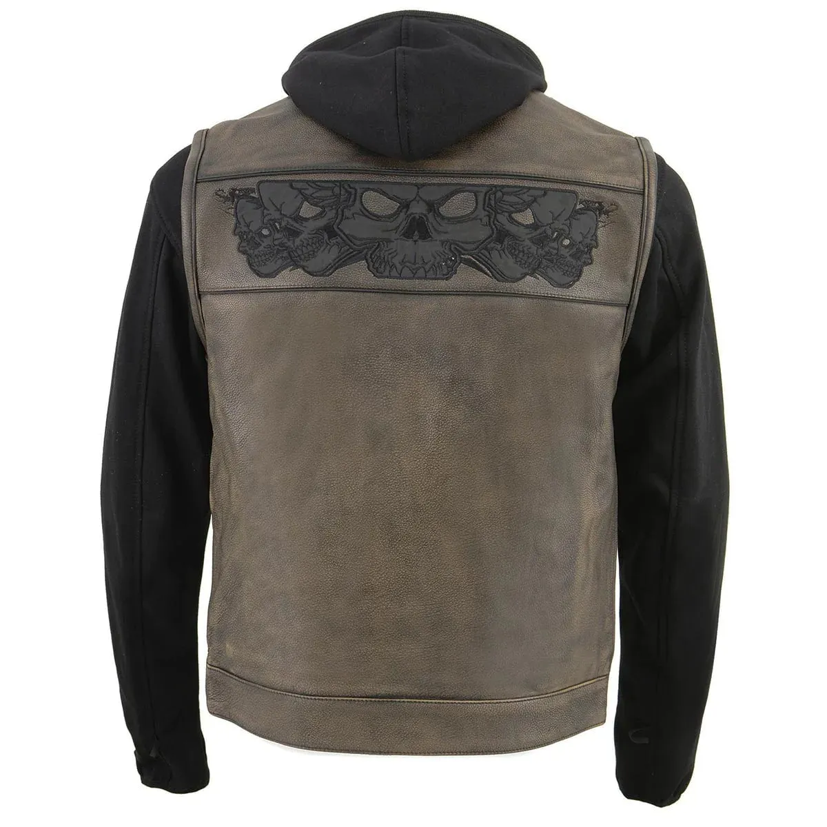 Milwaukee Leather Club Style Distress Brown Leather Vest w/ Reflective Skulls & Removable Hoodie