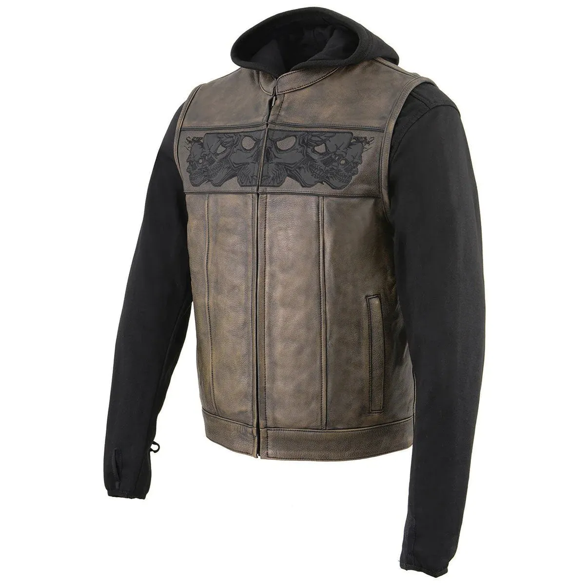 Milwaukee Leather Club Style Distress Brown Leather Vest w/ Reflective Skulls & Removable Hoodie