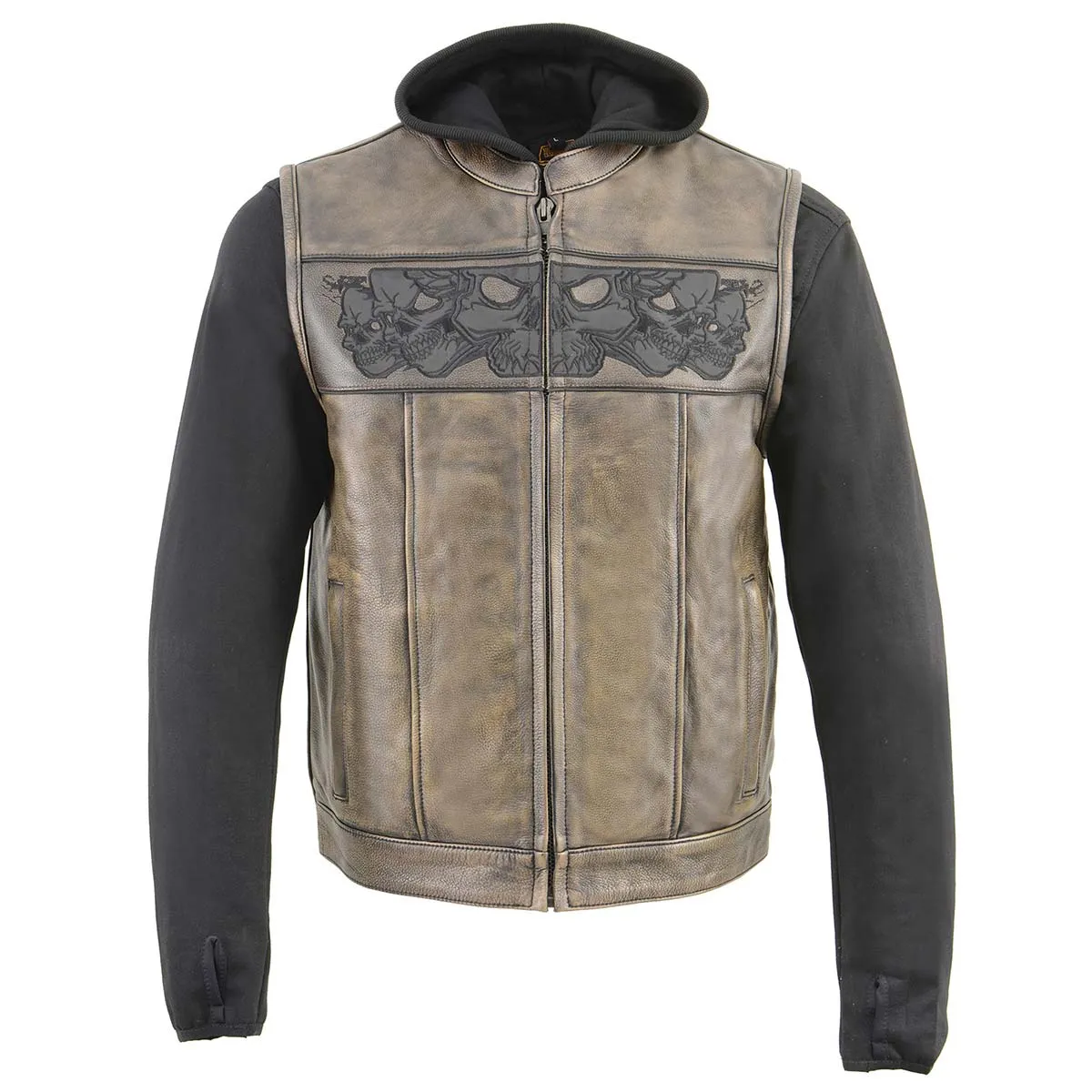 Milwaukee Leather Club Style Distress Brown Leather Vest w/ Reflective Skulls & Removable Hoodie