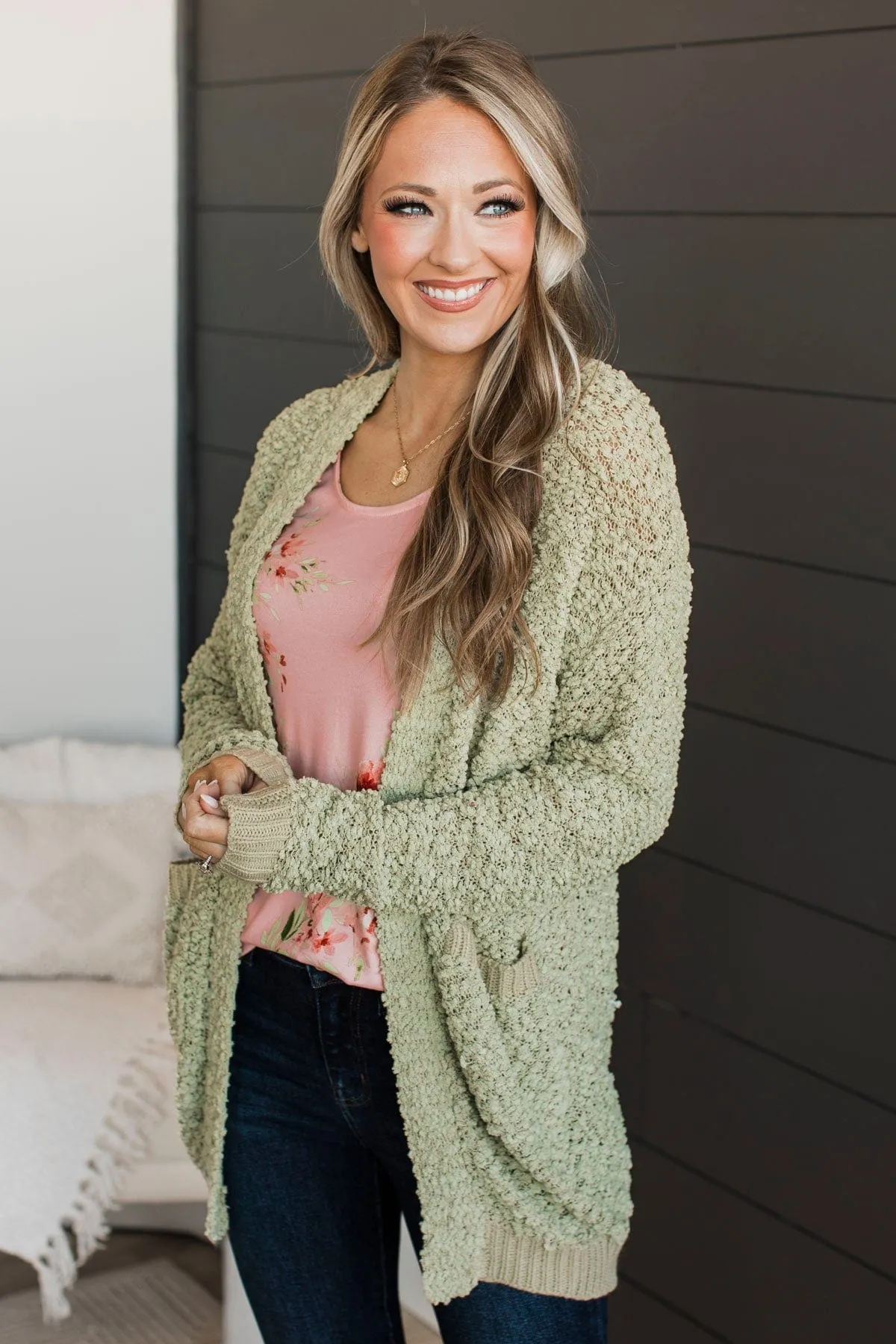 Movie Date Popcorn Knit Cardigan- Sage