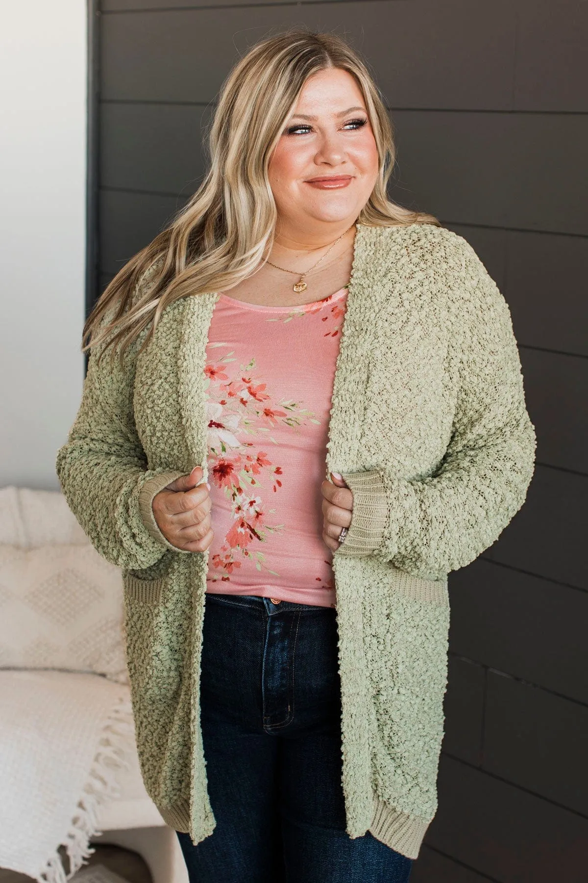 Movie Date Popcorn Knit Cardigan- Sage