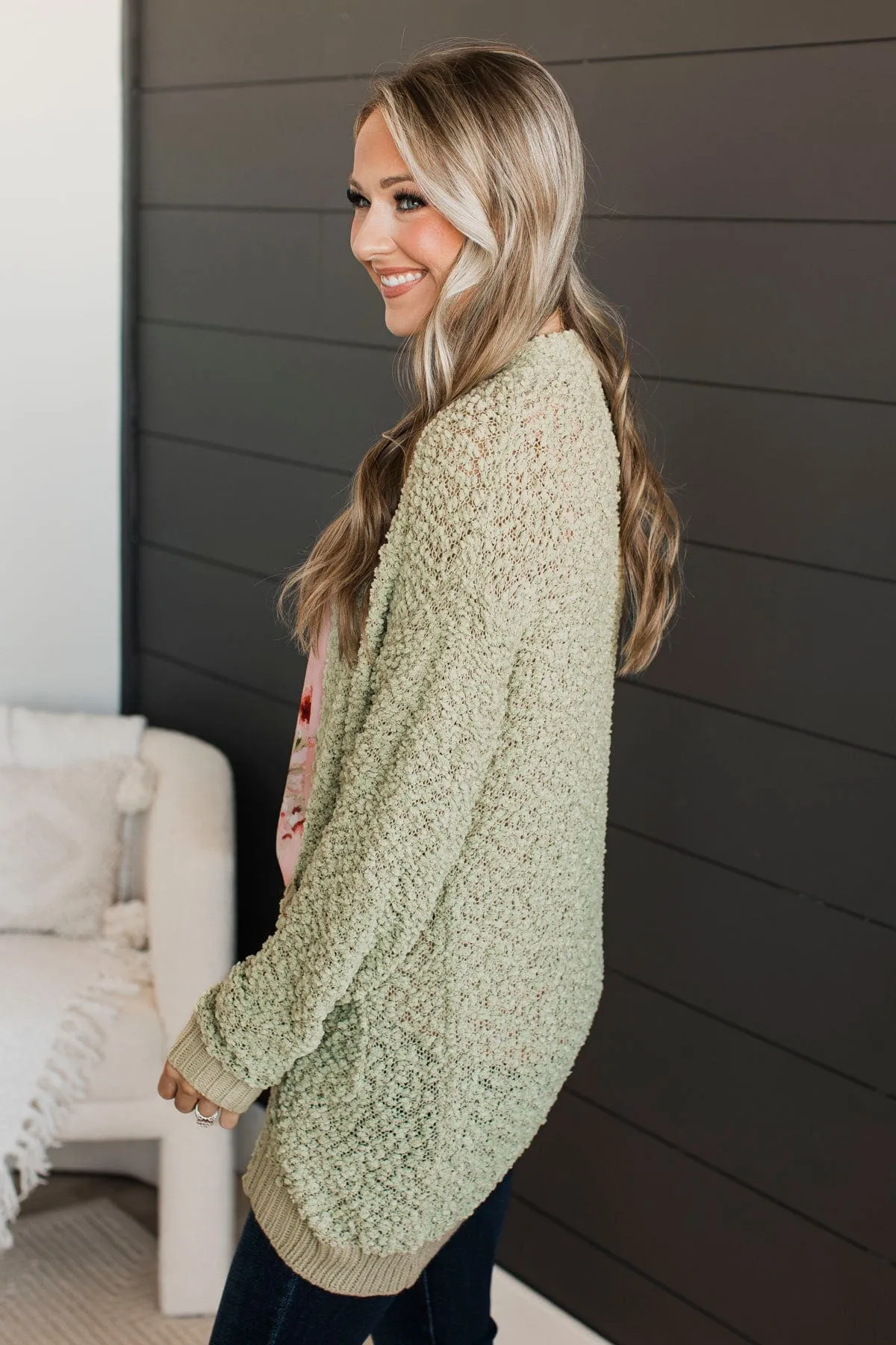 Movie Date Popcorn Knit Cardigan- Sage