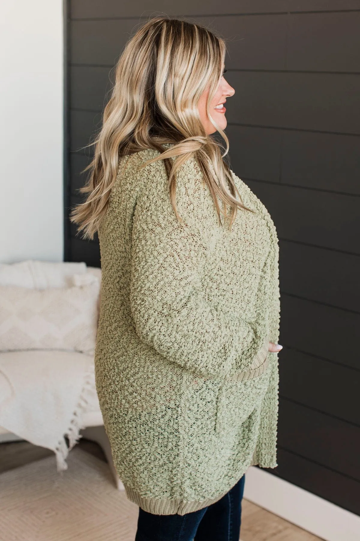 Movie Date Popcorn Knit Cardigan- Sage