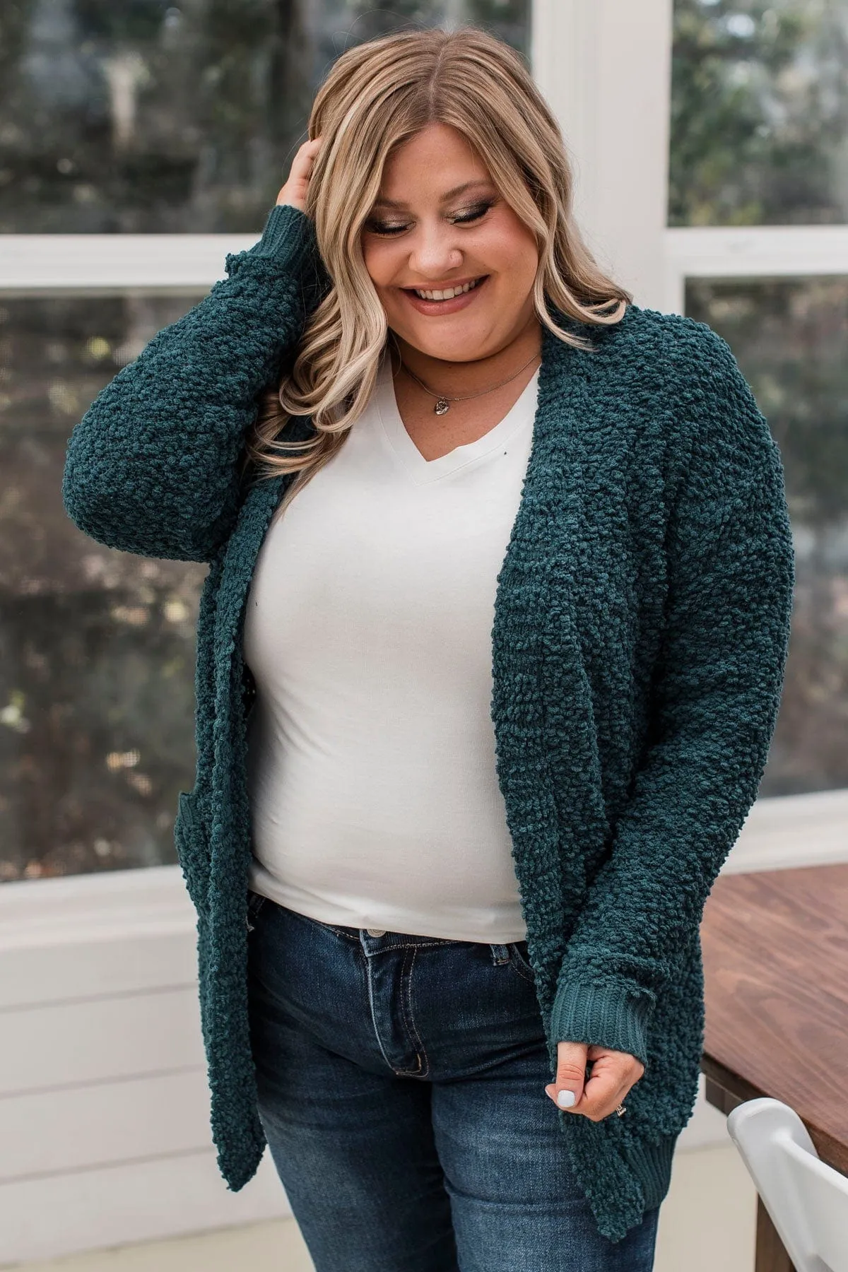 Movie Date Popcorn Knit Cardigan- Teal