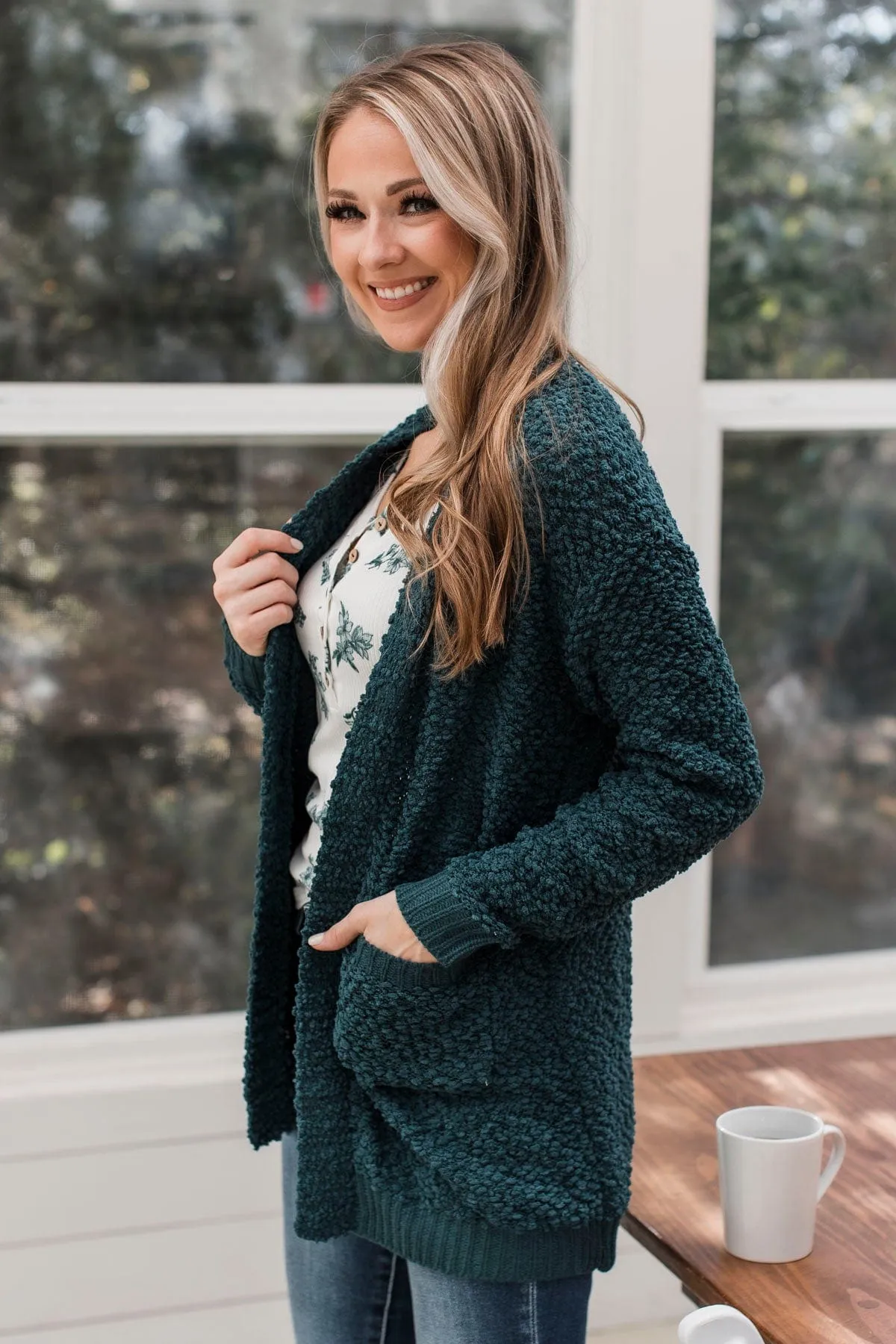 Movie Date Popcorn Knit Cardigan- Teal