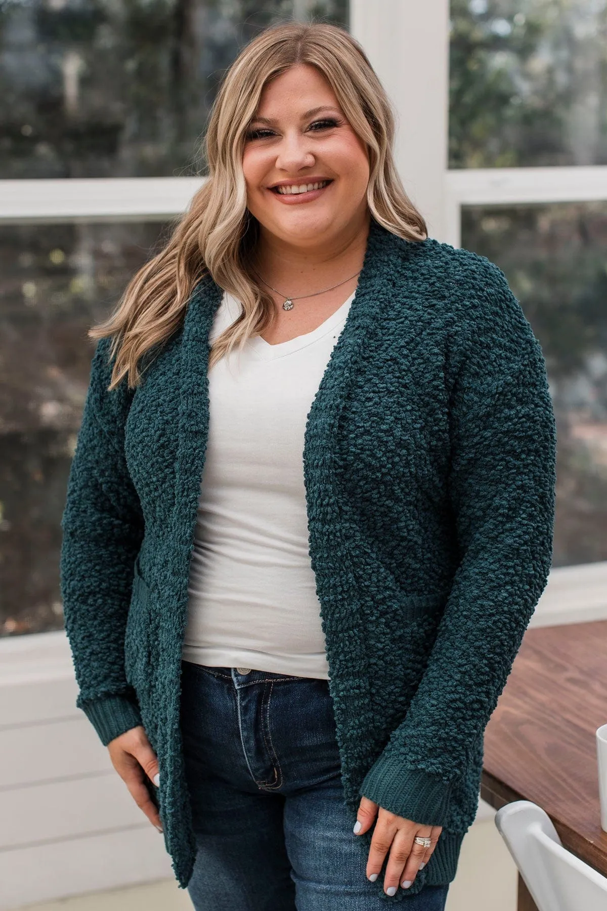 Movie Date Popcorn Knit Cardigan- Teal