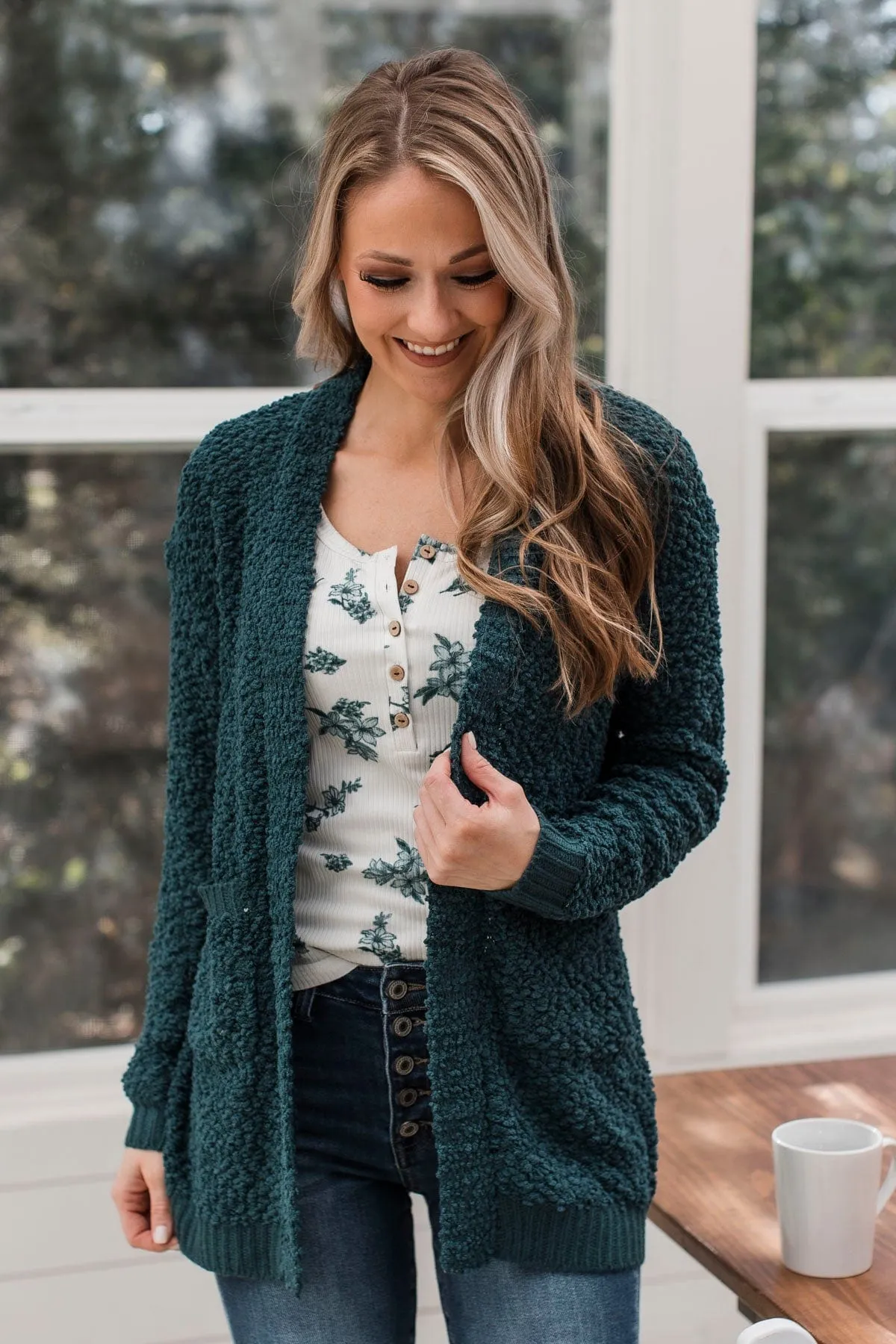 Movie Date Popcorn Knit Cardigan- Teal