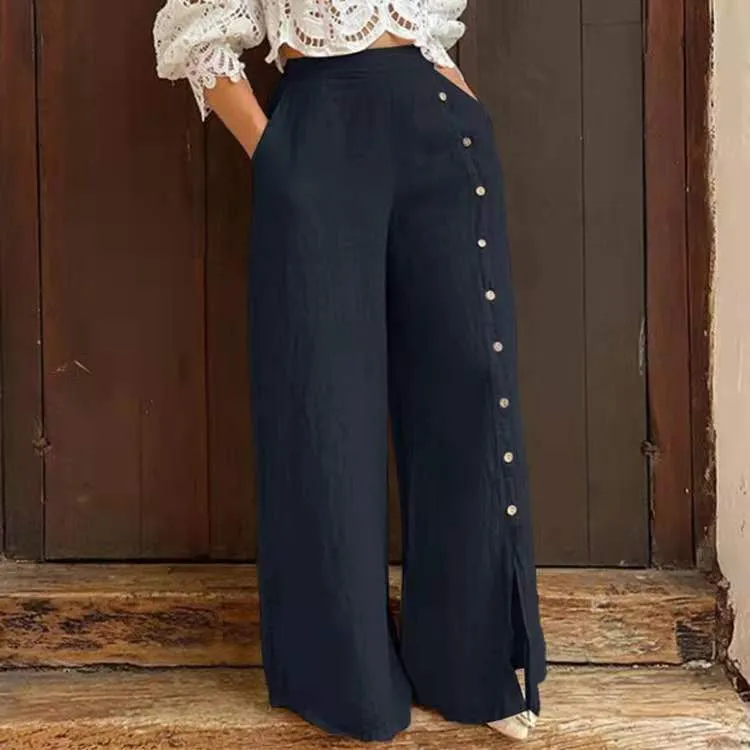 Multi Button Split Wide Leg Pants High Waist Pants Loose Casual