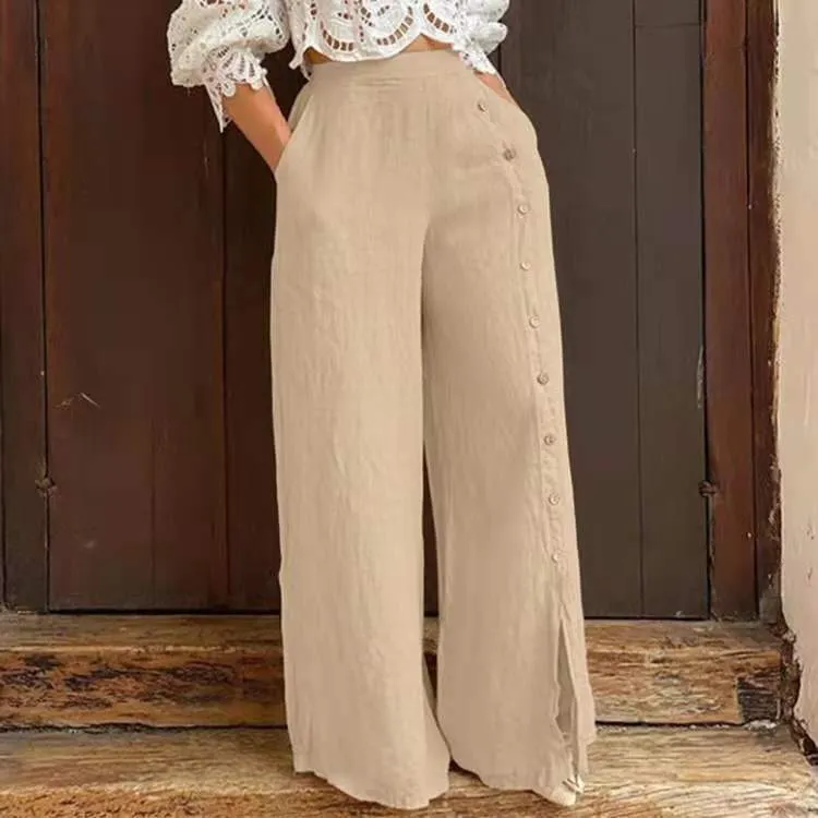 Multi Button Split Wide Leg Pants High Waist Pants Loose Casual