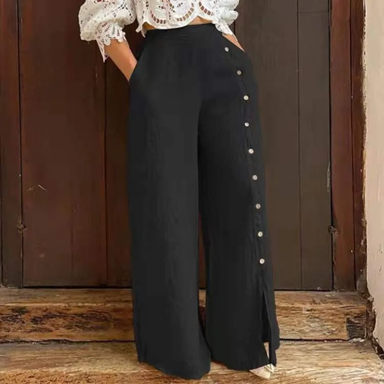 Multi Button Split Wide Leg Pants High Waist Pants Loose Casual