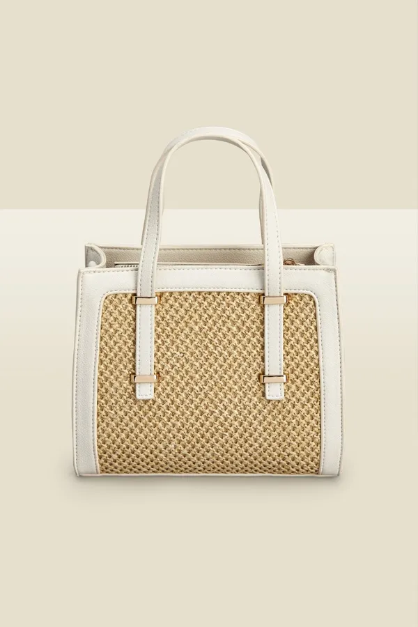 Natural Raffia Ivory Trim Small Tote Bag