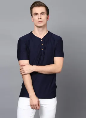 Navy Half Sleeve Henley Collar T-Shirt