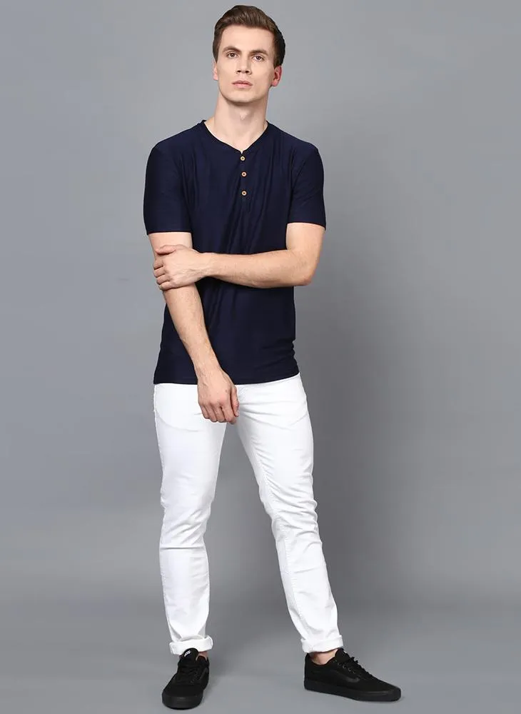 Navy Half Sleeve Henley Collar T-Shirt